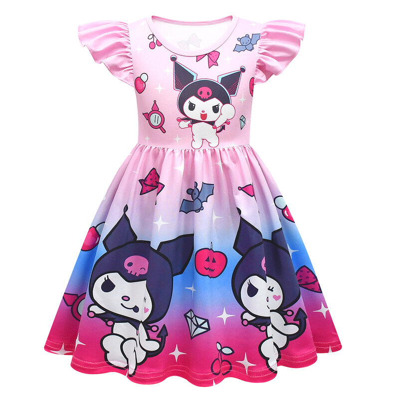 Vestido estampado de desenhos animados infantis, Kuromi Flying Sleeves, Roupas de Verão Infantil, Vestido A Linha-A para Menina