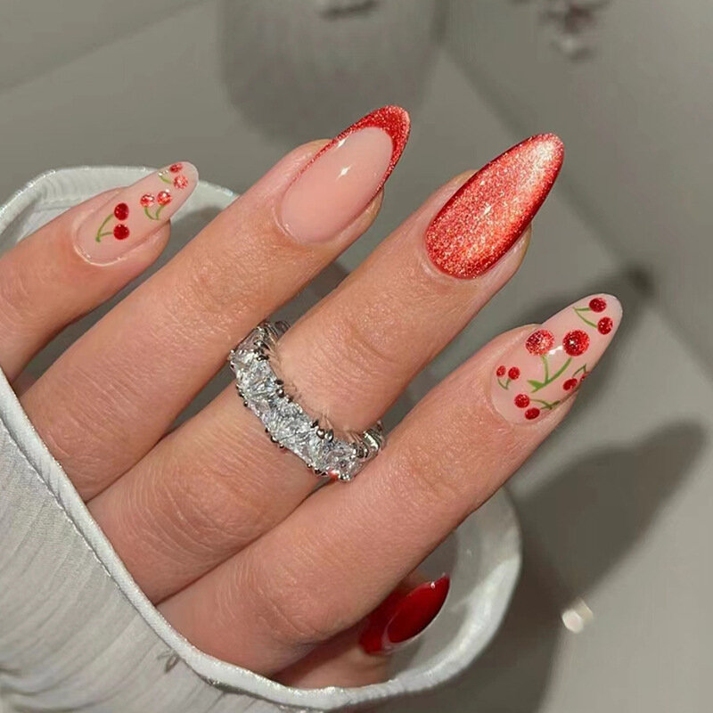 24Pcs миндальские фальшивые ногти для балета с нажатием французский вишневый дизайн бабочки, устойчивый к износу фальшивые ногти для девушек
