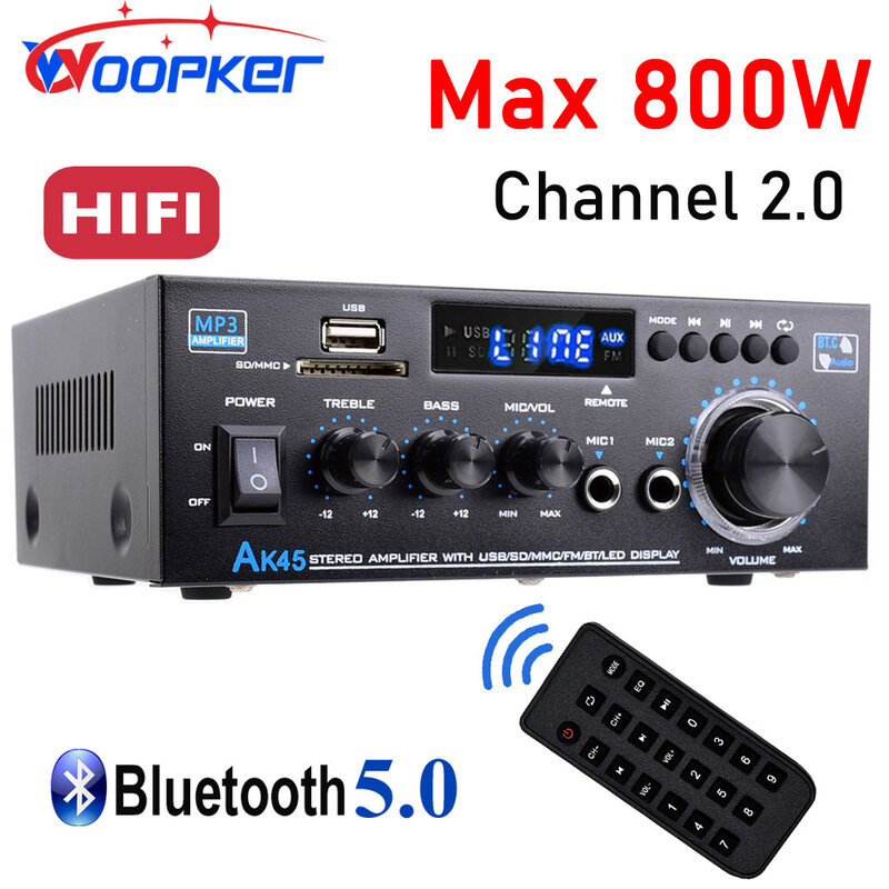Woopker AK45 HiFi Digital Amplifier Max Power 90Wx2 Channel 2.0 Bluetooth Surround Sound AMP Speaker for Home Car