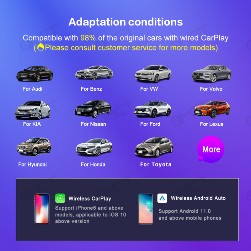 Caixa Ai sem fio Ambiente LED Carplay, Android 13 Auto, 8 GB + 128 GB, apto para Volvo, Benz, Chery, MG, Hyundai, Lexus, Kia, VW, SMD6225