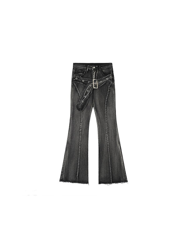 Women Dark Academia Design Goth Low Rise Denim Flare Pants Long Trousers Gyaru 2000s Aesthetic Grunge Trashy Y2k Jean Punk Kpop