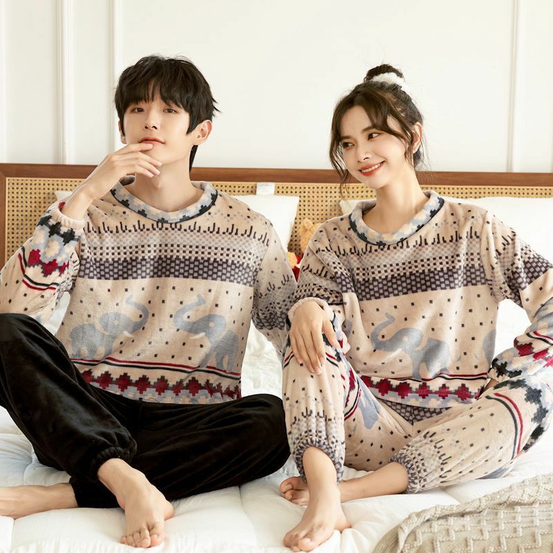 Couple Sleepwear Flannel Pajamas Sets Long Sleeve Pullover Pants Warm Loungewear Homewear Nightwear Loose Kawaii Clothes New