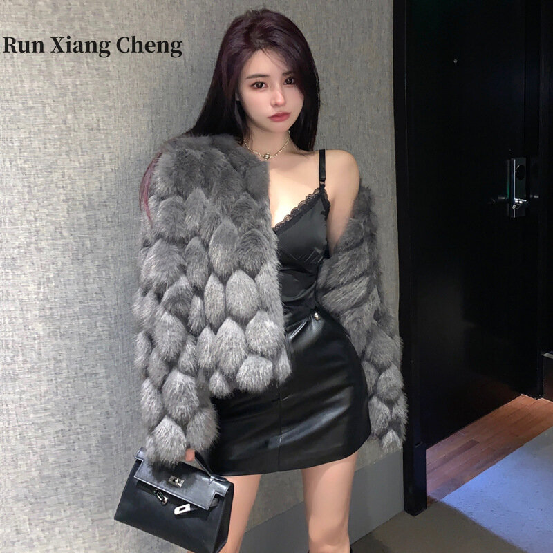 Женское короткое меховое пальто RUN XIANG CHENG, цельное пальто из искусственного меха лисы в молодежном стиле, зима 2019