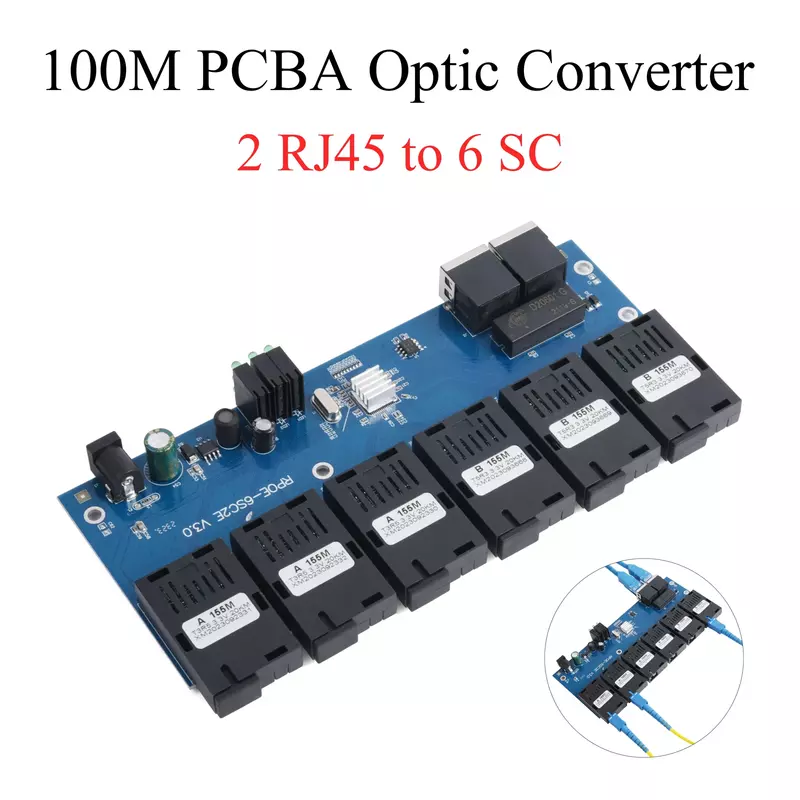 10M/100M PCBA Board Fiber Optic Media Converter 2 RJ45 to 6 SC Optic Connector 1310nm/1550nm 3A+3B Ports 20KM Ethernet Switch