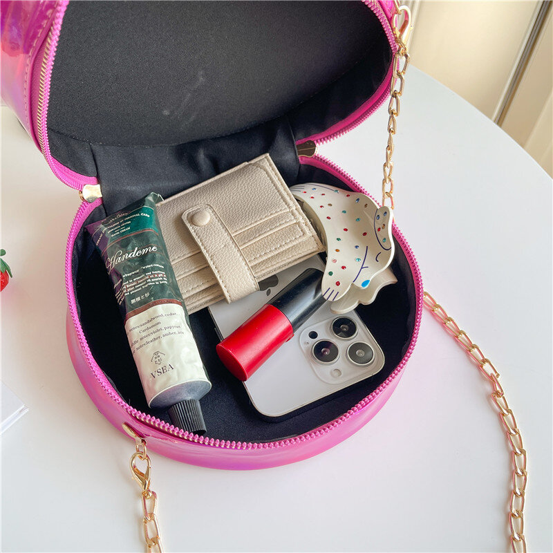 Tas bulat kecil kulit Pu warna kontras tas selempang untuk wanita modis rantai tas bahu tas ponsel melingkar dompet wanita