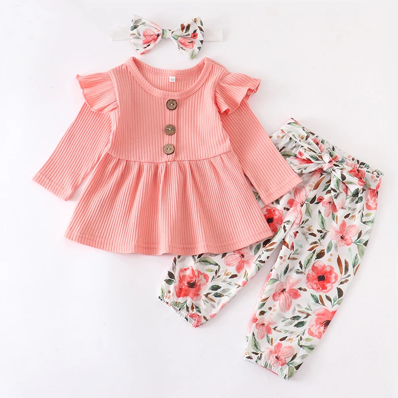 Top de manga comprida e conjunto de calças florais e bandana para bebé menina, roupa de criança rosa, fato bonito, primavera, outono