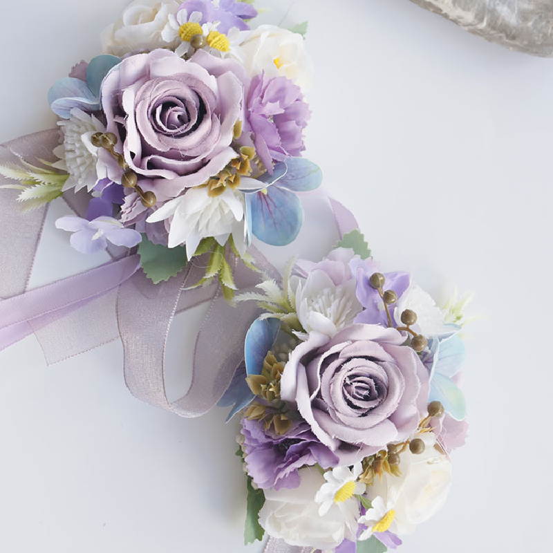 Ramillete de pecho para invitados de boda, flores de simulación Floral, color morado, 2405