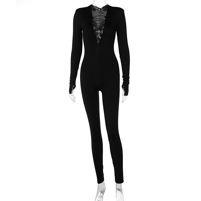 여성용 솔리드 바디콘 섹시한 긴 소매 점프수트, 신축성 있는 하이 복장, 패션 피트니스 스포츠웨어, 슬림 롬퍼 스트리트웨어