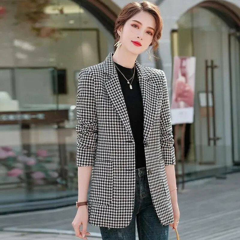 Mode Qianniao Grid Jas Dames Blazer 2024 Lente Herfst Nieuwe Koreaanse Editie Slanke Zakken Pak Dames Bovenkleding Top