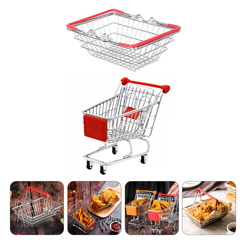 Wrought Iron Food Basket Snack Holder Shopping Cart Round Kids Pretend Play Toy Grocery and Metal