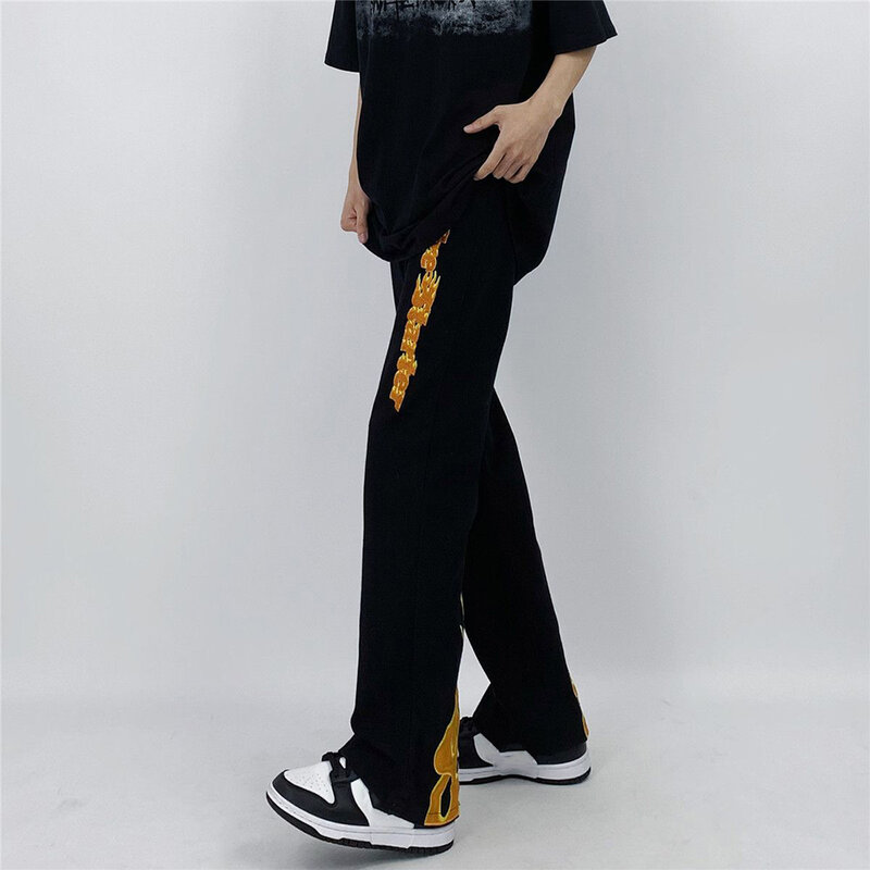 Alta rua hiphop flame print jean men denim y2k streetwear bordado solto perna larga calça retro sólido vintage