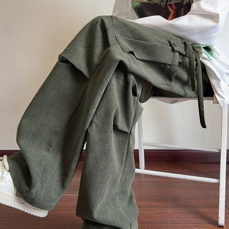 Overall Corduroy untuk pria, celana panjang kasual trendi ukuran besar kaki lebar gaya baru musim gugur dan musim dingin