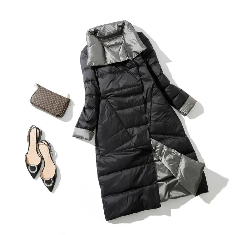 여성용 양면 라이트 다운 재킷, 중간 길이 라지 사이즈, 팻 라이트 화이트 다운 재킷, 2023 겨울 신상