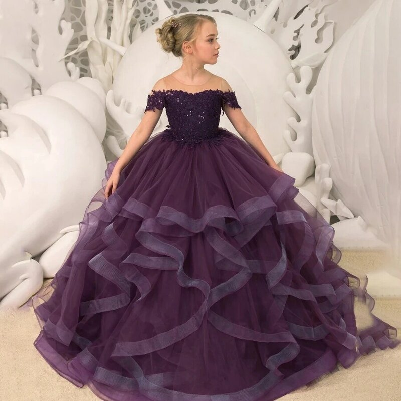 Фиолетовое кружевное Пышное Цветочное платье для девочки, кружевное бальное платье, свадебное платье, детское платье для дня рождения, Тюлевое платье принцессы для первого причастия