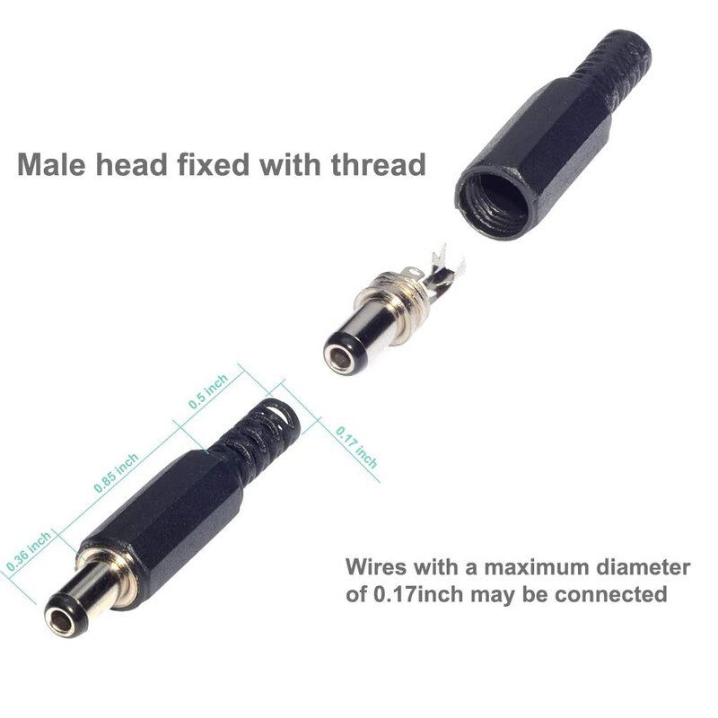10 pacote 5.5mm x 2.5mm 2.1mm dc power solda masculina + fêmea tomada jack painel montagem conector à prova de poeira com tampas impermeáveis