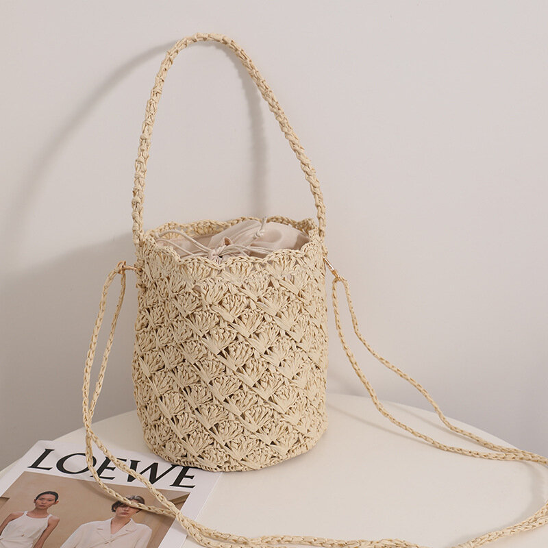 Плетеная женская сумка на плечо ручной работы, богемные сумки через плечо с кисточками, Вязаная летняя Соломенная пляжная сумка-ведро, женские сумки
