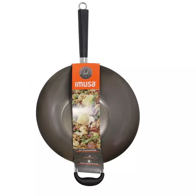 IMUSA 14 inch carbon steel natural interior wok with helper Bakelite handle