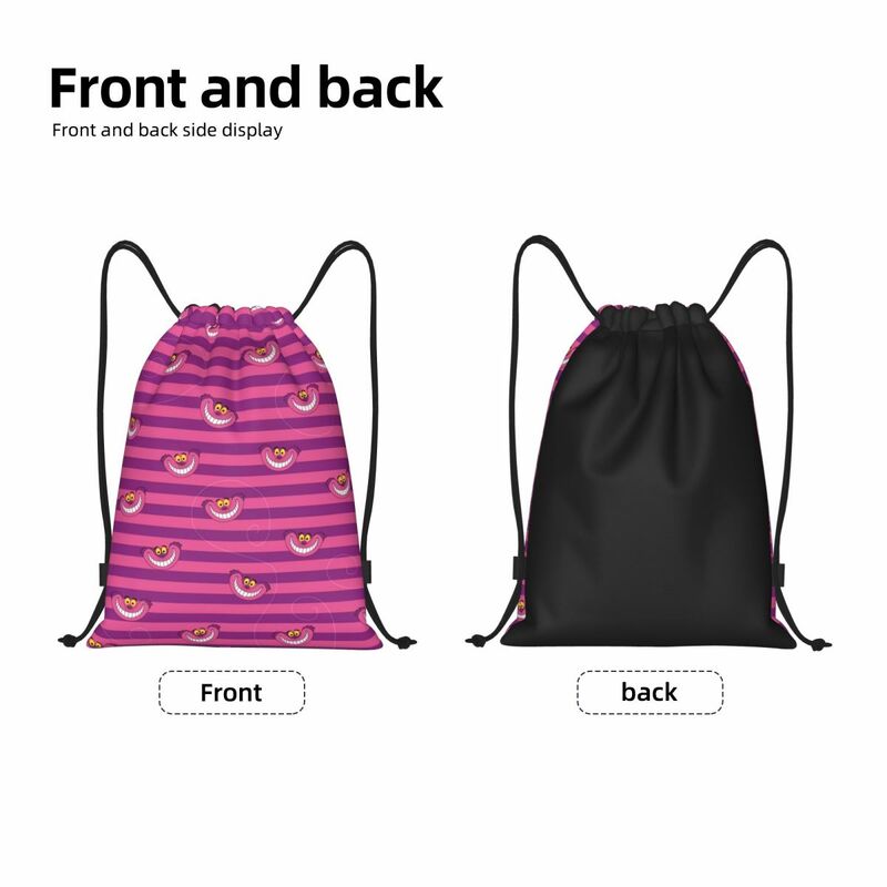 Mochila de cordão personalizada para homens e mulheres, sacolas de manga dos desenhos animados, gato de Cheshire, mochila esportiva leve para viajar