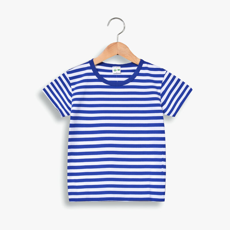 아동복 소년의 여름 짧은 소매 티셔츠 코튼 스트 라이프 칼라 렌더링 어린이 하프 슬리브 네이비 블루
