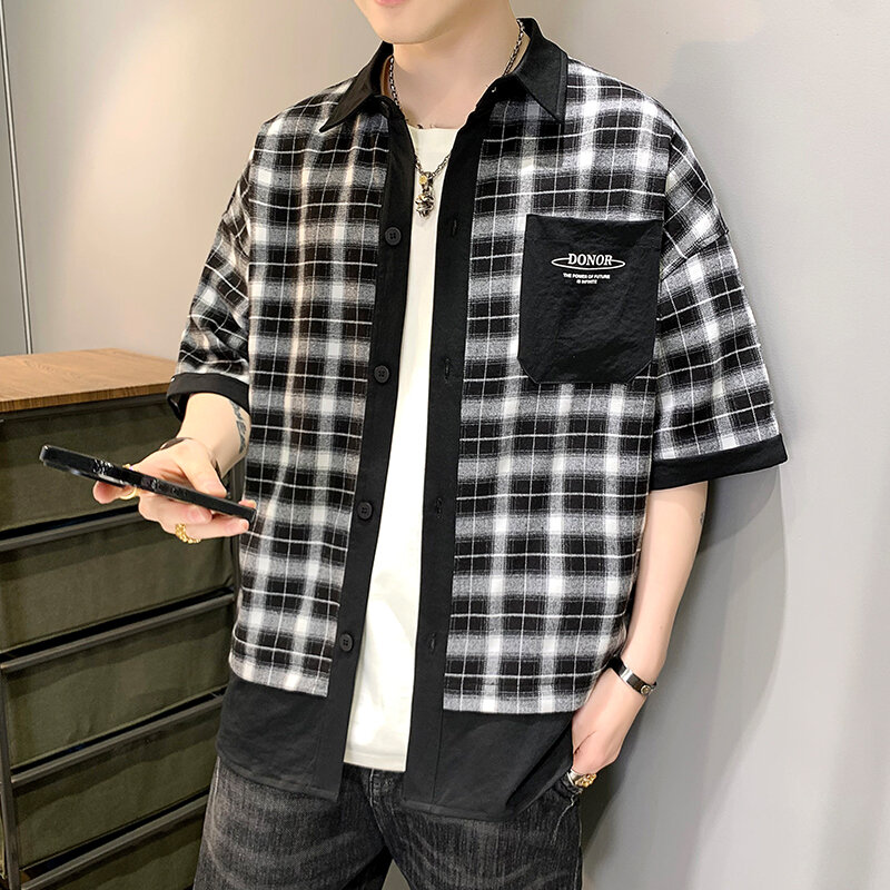 Harajuku-camisa a cuadros de manga corta con estampado de letras para hombre, peto de retazos con solapa, ropa de calle Vintage, Tops sueltos de verano