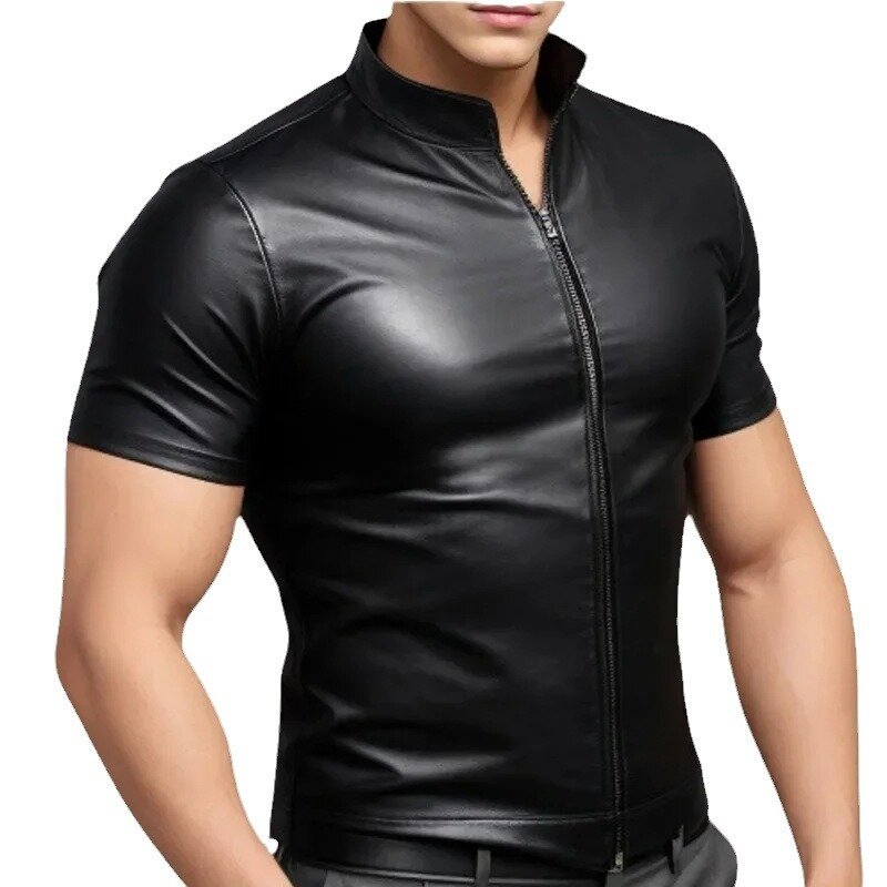 Kaus kulit Matte pria, atasan jaket musim panas, pakaian klub, mantel kulit PVC, baju ritsleting, kostum klub, pakaian jalanan