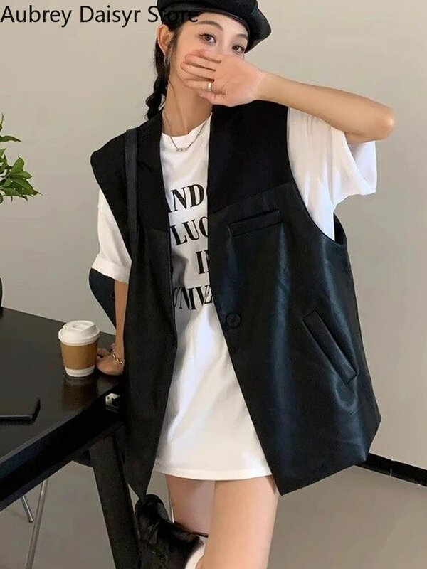 Jaket kulit hitam tanpa lengan wanita, jaket kulit Pu jalanan tambal sulam gaya Korea musim panas untuk wanita