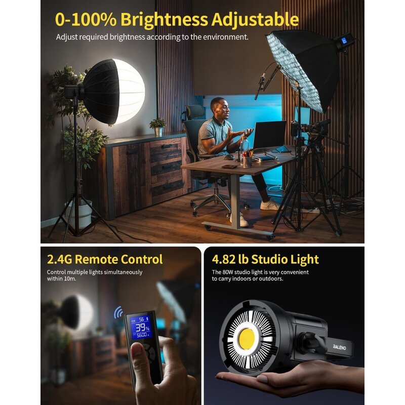 RALENO 80W LED Video Light with 2.4G Remote Control, 7200Lux CRI95+ Studio Lights with Cooling Fan and Bowens Mount, Photography