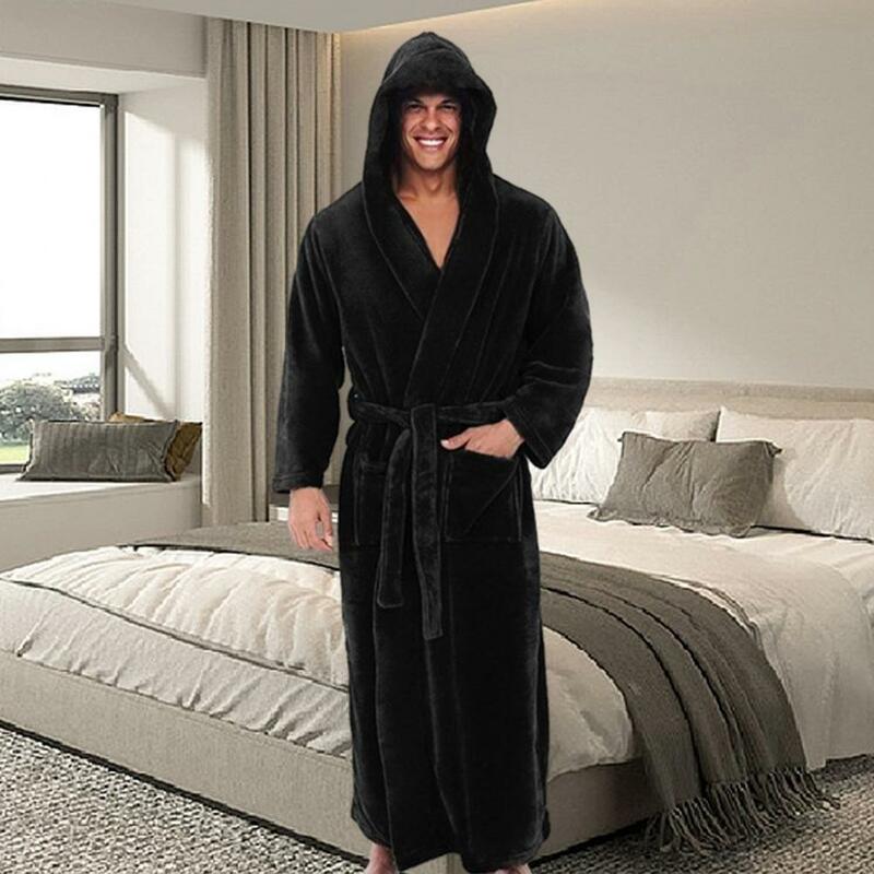 Plush Bathrobe Luxurious Men's Hooded Bathrobe with Adjustable Belt Ultra Soft Absorbent Male Robe with Pockets Plush Solid