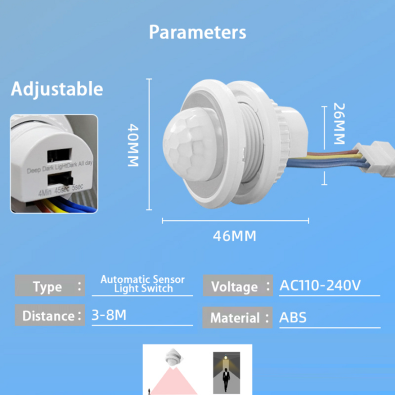 MunLii-Detector infrarrojo para el cuerpo humano, interruptor Detector de movimiento infrarrojo, LED, PIR, retardo ajustable, integrado, AC85V-265V