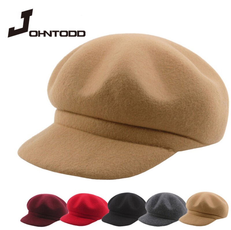 女性のための無地の秋と冬の帽子,八角形のキャップ,無地,カジュアルなウールのベレー帽,画家の帽子