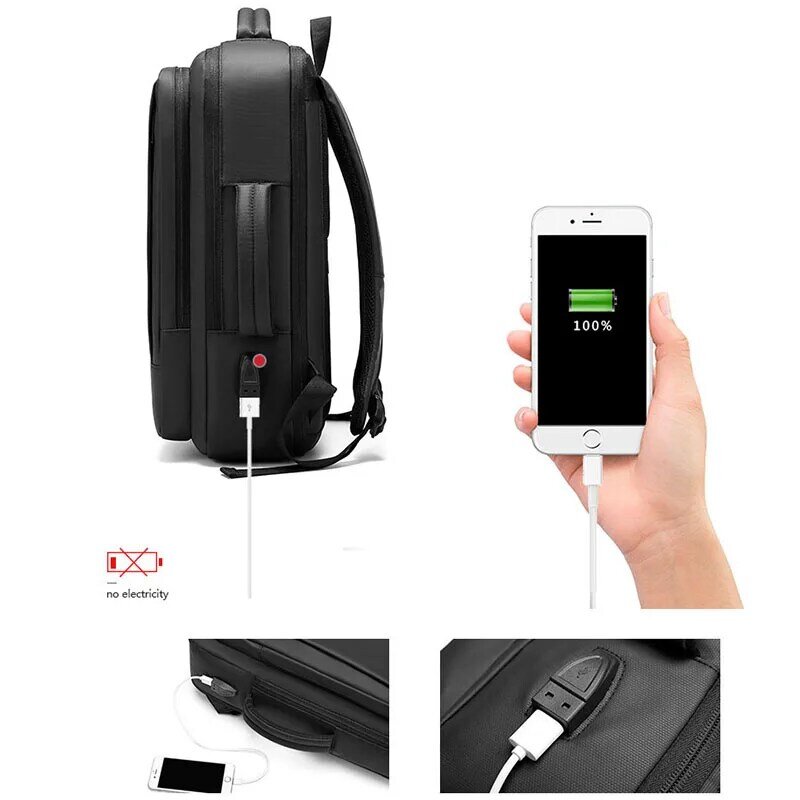 Mochila impermeable expandible para hombre, bolsa para ordenador portátil de 15,6 pulgadas, USB, escolar, de viaje, deportiva