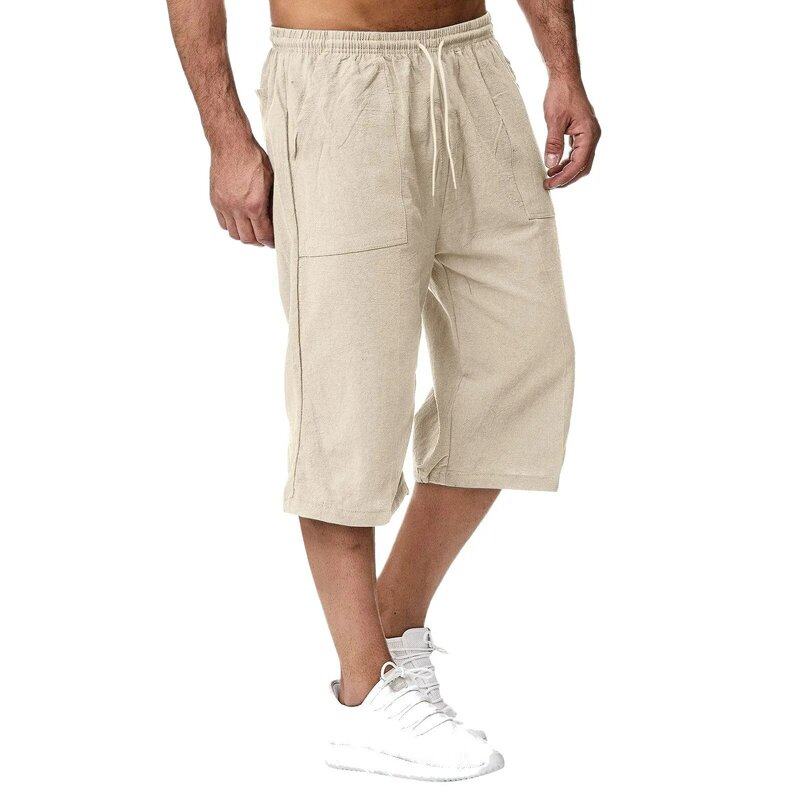 Pantaloncini Casual da uomo estivi in misto cotone lungo elastico in vita tasca allentata con coulisse pantaloncini da 3/4 di lunghezza abbigliamento da strada quotidiano