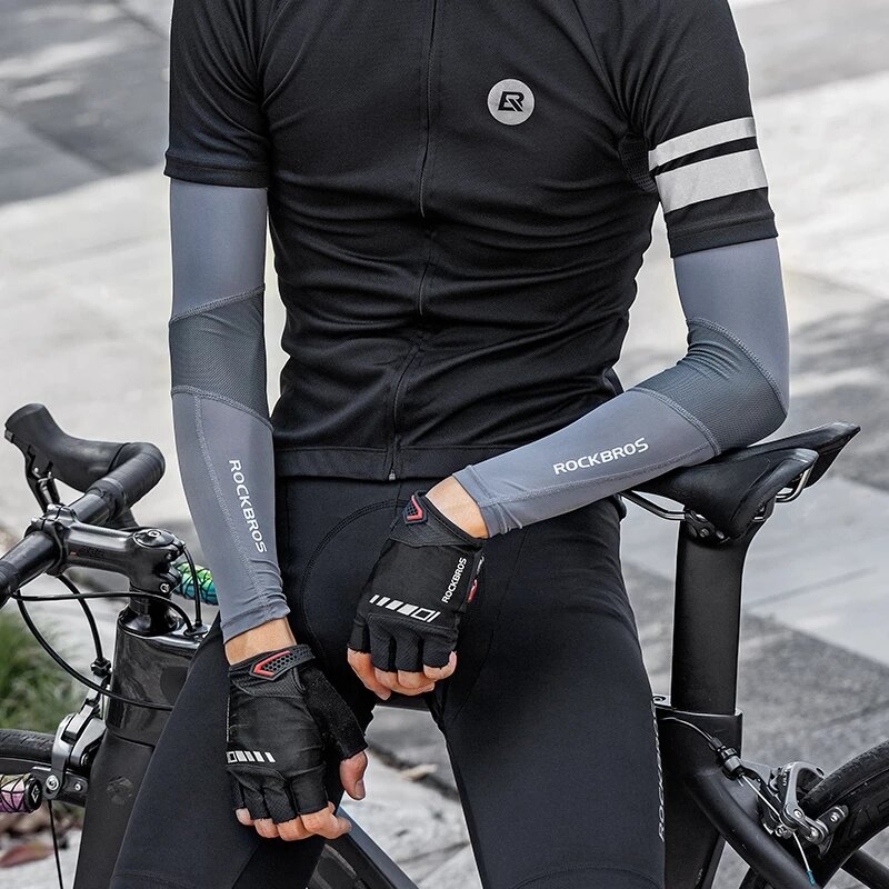 ROCKBROS แขน Breathable Quick Dry UV Protection ขี่จักรยานกีฬาแขนน้ำแข็งผ้าครีมกันแดดกีฬาฟิตเนสออกกำลังกายแขน