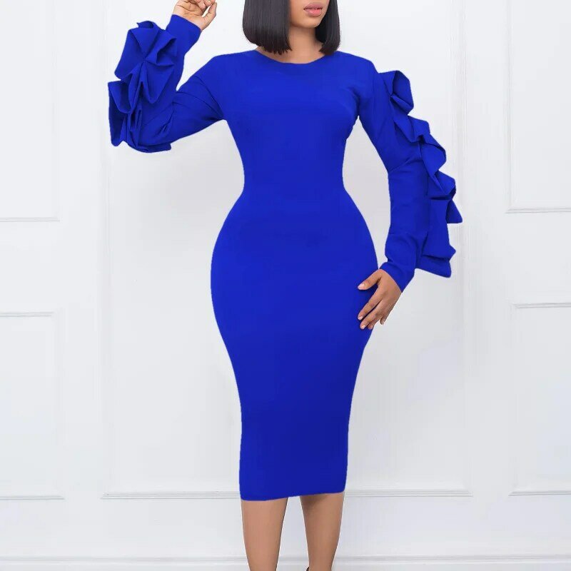 Autumn Summer African Long Sleeve O-neck Polyester Blue Black White Knee-length Dress African Clothes African Dresses for Women