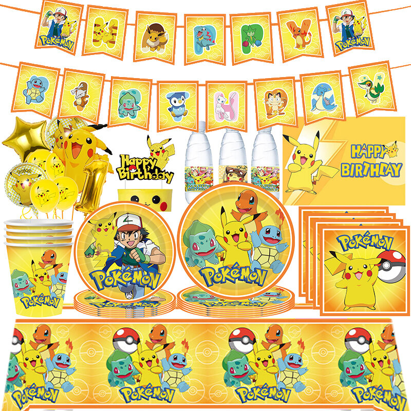 Pokemon Pikachu dekorasi pesta ulang tahun anak laki-laki dewasa penggemar peralatan makan perlengkapan pesta cangkir piring serbet balon lateks hadiah mainan