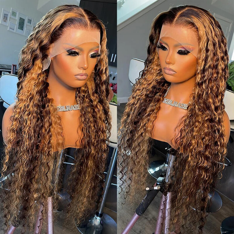 13x4 Hd Lace Highlight Wig Human Hair Wigs Glueless Curly Colored Honey Blonde Water Wave Front 34 30 Inch Deep Wave Frontal Wig