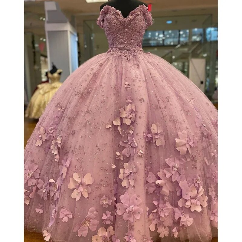2024 핑크 볼 가운, 연인 15 세 성인식 드레스, 3D 꽃, 생일 파티 가운