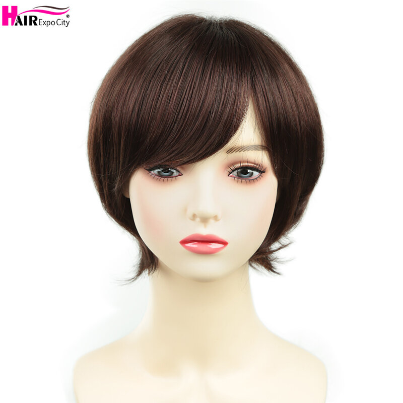 Krótkie peruki syntetyczne proste z grzywką brązowe peruki termoodporne dla azjatyckich dziewcząt kobiety codzienne włosy Expo