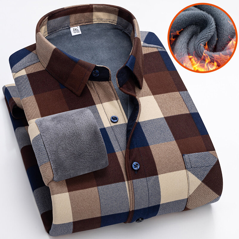 Camisa de manga comprida xadrez masculina, single-breasted, colarinho quadrado, camisas acolchoadas, magro, moda masculina, inverno, novo, M-4XL, 5XL