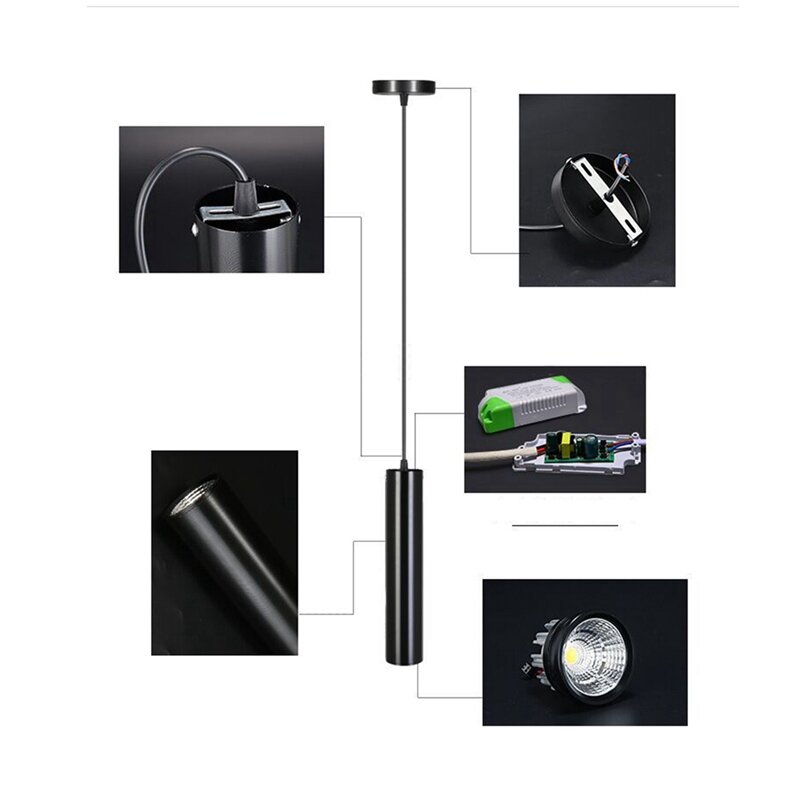 Lustres pretos minimalistas do café, alta qualidade, LED branco morno moderno, projetores do COB, lâmpada do tubo longo, lâmpada cilíndrica, 3X