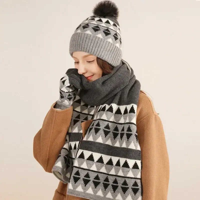 Модные зимние вязаные перчатки, шарфы, шапки, комплект из трех предметов, шерстяной Теплый и холодный костюм из искусственной кожи высокого качества