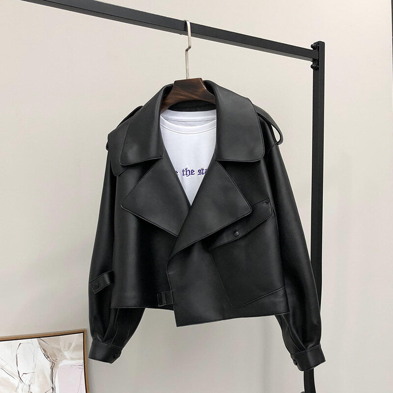 FMFSSOM 2024 Spring Women Short Faux Leather Jacket Single Button Black Moto Biker Windproof Coat Warm Turn Down Collar Outwear