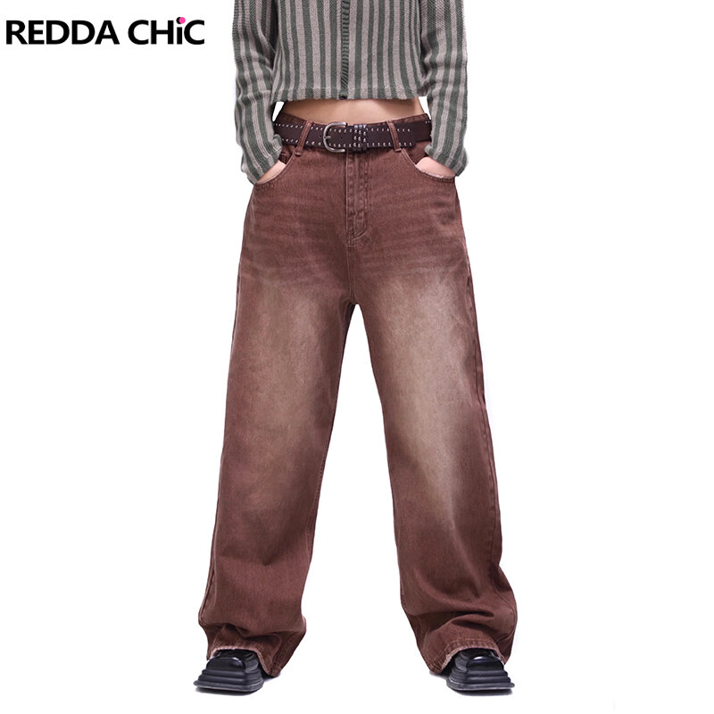REDDACHiC-Vaqueira Jeans Baggy para Mulheres, Cintura Baixa, Desgastado, Angustiado, Calças Perna Larga, Streetwear Grunge, Bigodes Retro, Namorado, Y2K