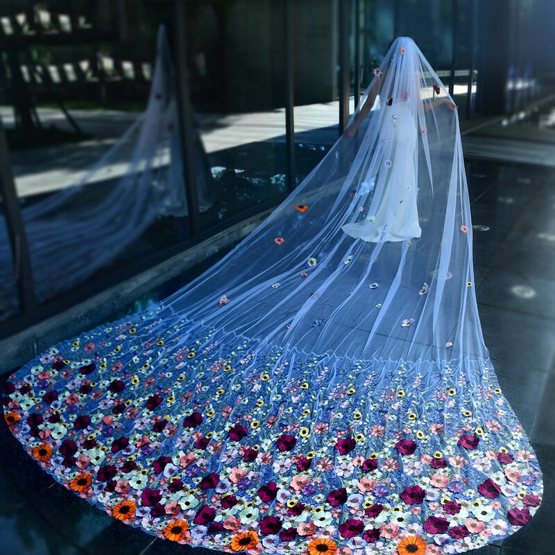 حجاب غطاء رأس طويل للعرائس ، زهرة ثلاثية الأبعاد ، حجاب زفاف كبير الذيل ، BL4054