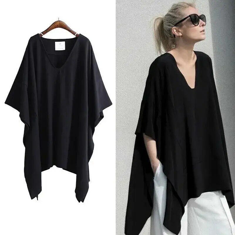 Women Clothing Summer New Black Loose Asymmetrical Tops Tees Short Sleeve Solid Color Irregular Fashion T Shirts Casual Vintage