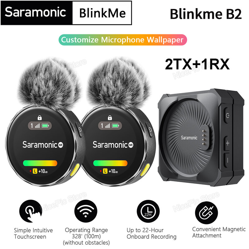 Saramonic BlinkMe-Sistema de micrófono inalámbrico B2 2,4g, 2 x transmisor, 1 x receptor, pantalla táctil para PC, iPhone, Smartphone, cámara