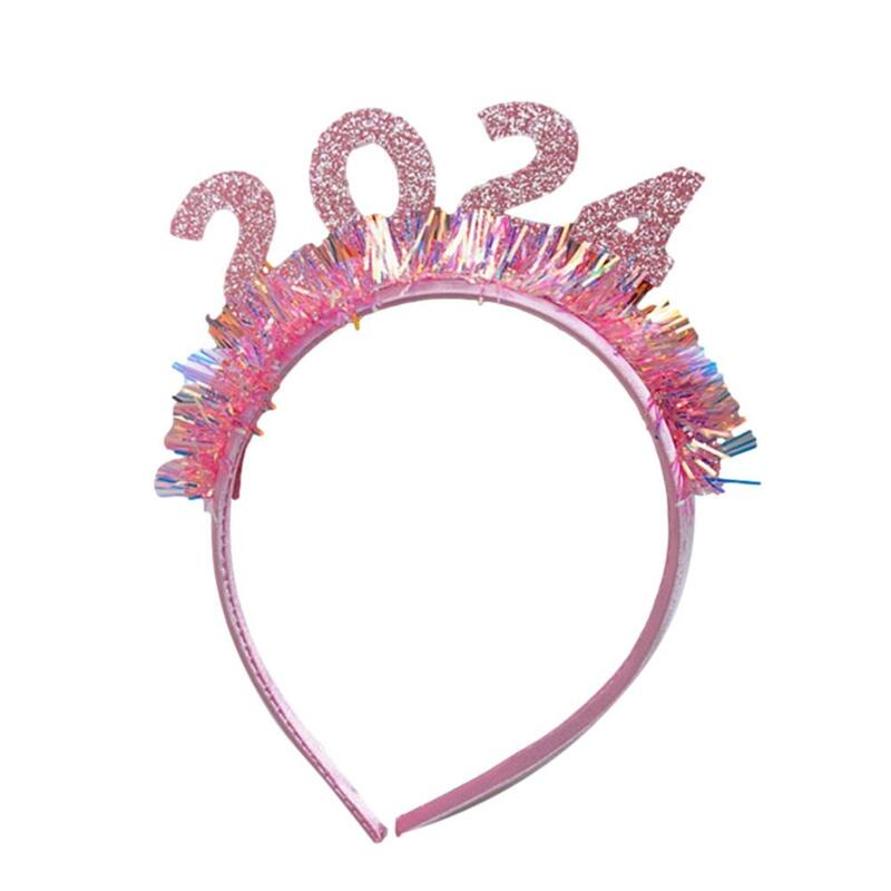 Bando Tahun Baru Happy 2024 untuk pria wanita, aksesori rambut hiasan kepala lingkaran rambut payet berkilau pesta liburan Natal S6W0