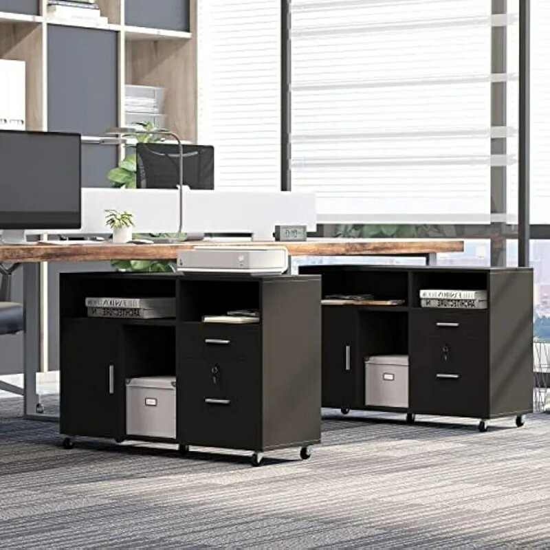 Kabinet File Lateral kayu, 2 Laci kabinet penyimpanan seluler, cocok untuk A4, rak File ukuran huruf, dudukan Printer dengan penyimpanan terbuka