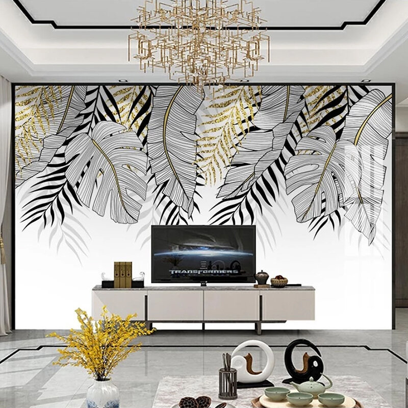 Papel tapiz fotográfico personalizado para decoración del hogar, Mural moderno de hojas pintadas a mano, para sala de estar, sofá, TV, fondo, 3D, Fresco