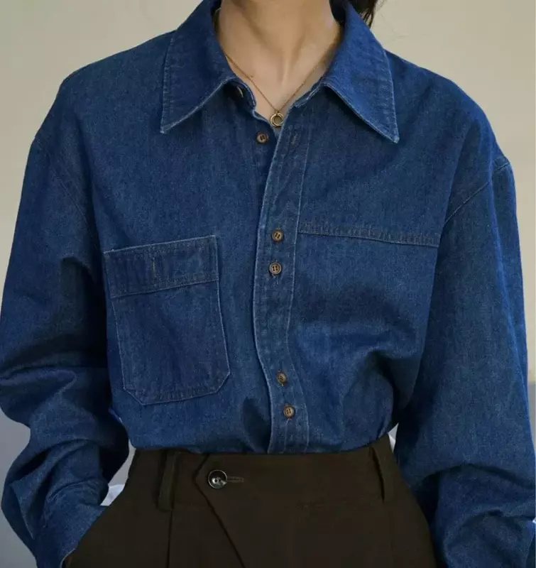 Kemeja Denim biru wanita, baju Streetwwear longgar lengan panjang katun kancing musim semi Atasan gadis mungil gaya Hong Kong Retro